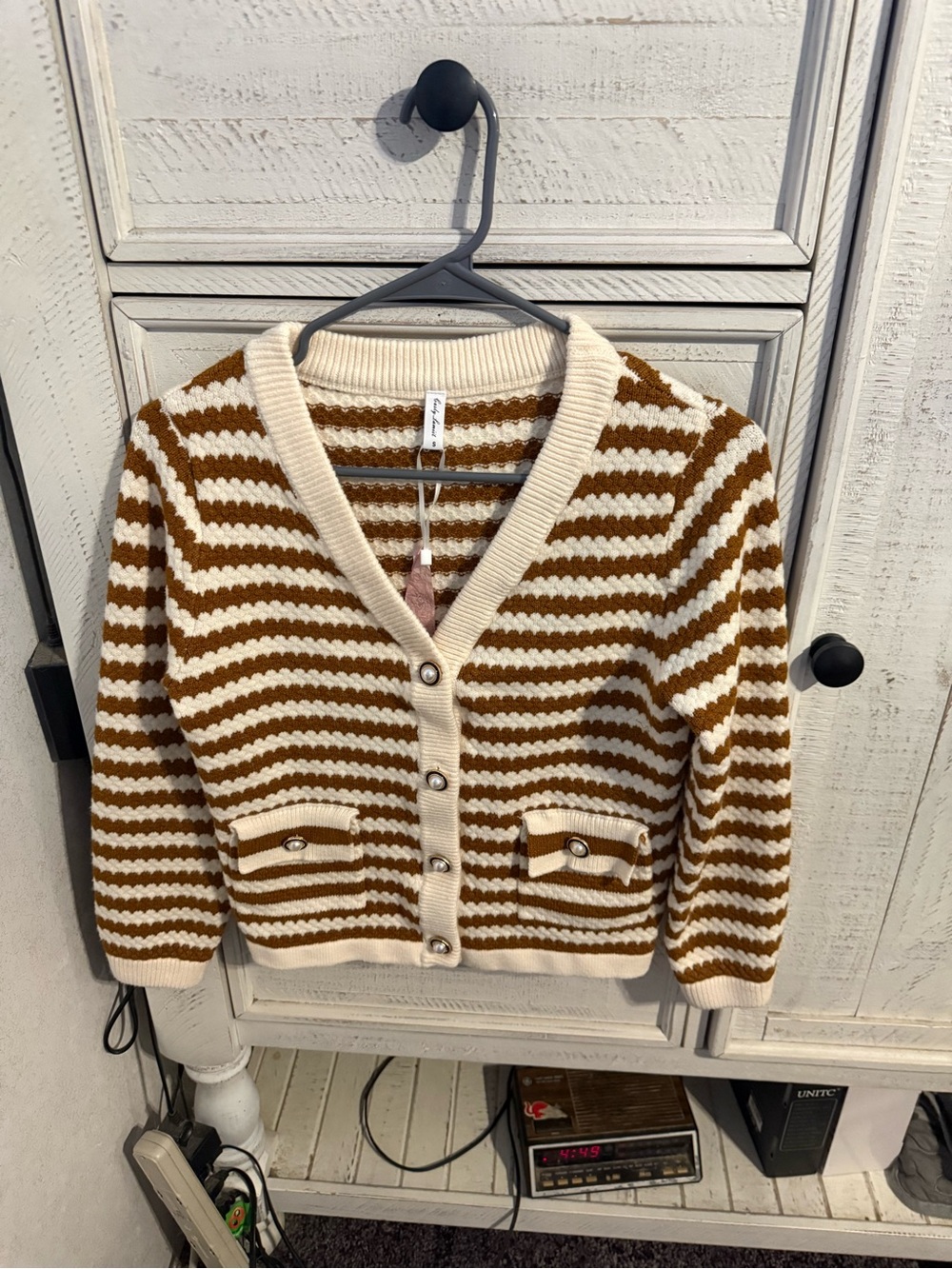 Cream and Brown Striped V-Neck Button Cardigan